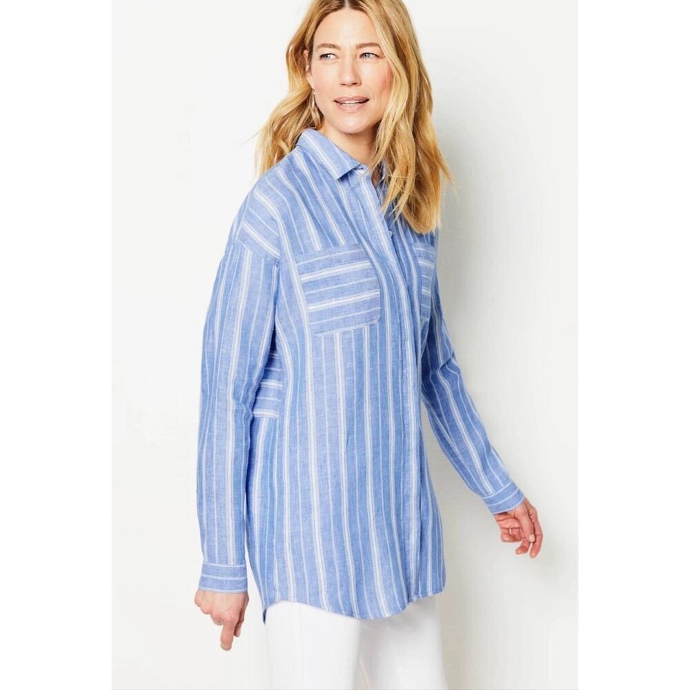 J Jill Love Linen Tunic Button Down Shirt Relaxed Patch Pocket Blue White Medium